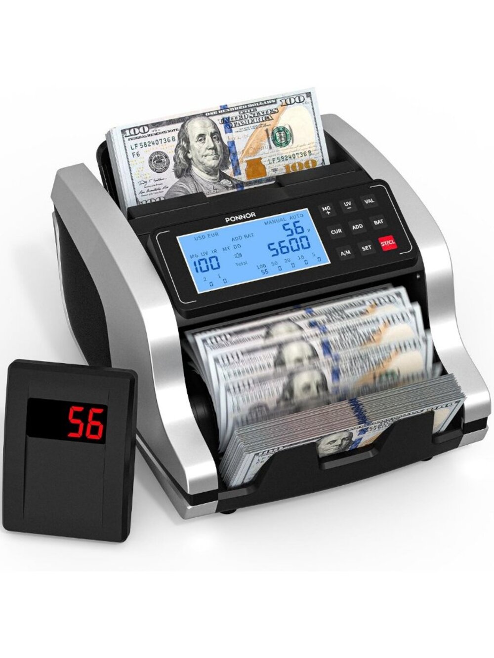 Money Counter Machine with UV/MG/IR Detection, Cash Counting, External LCD